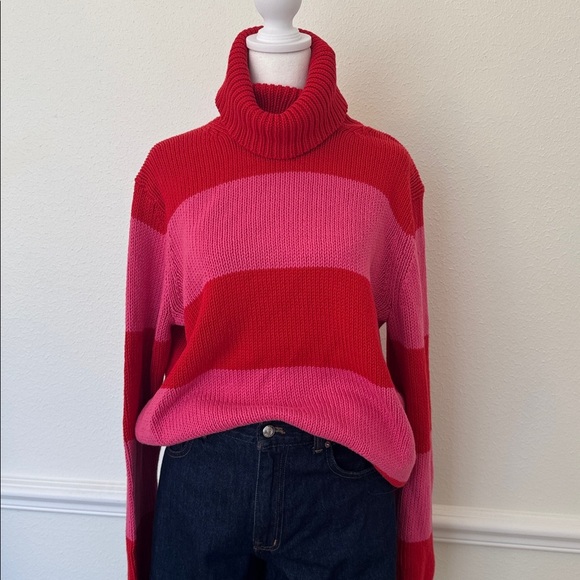 Isaac Mizrahi x Target Vibrant Bold Pink Red Stripped Knit Turtleneck Sweater - Picture 1 of 8